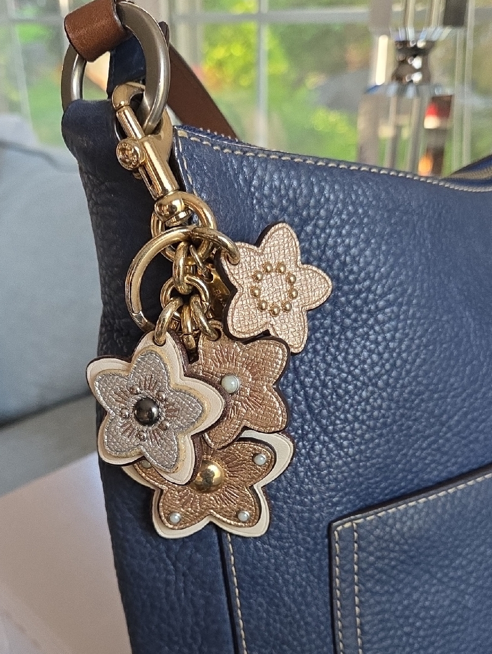 COACH Floral Metallic Leather Keychain with Gold Hardware